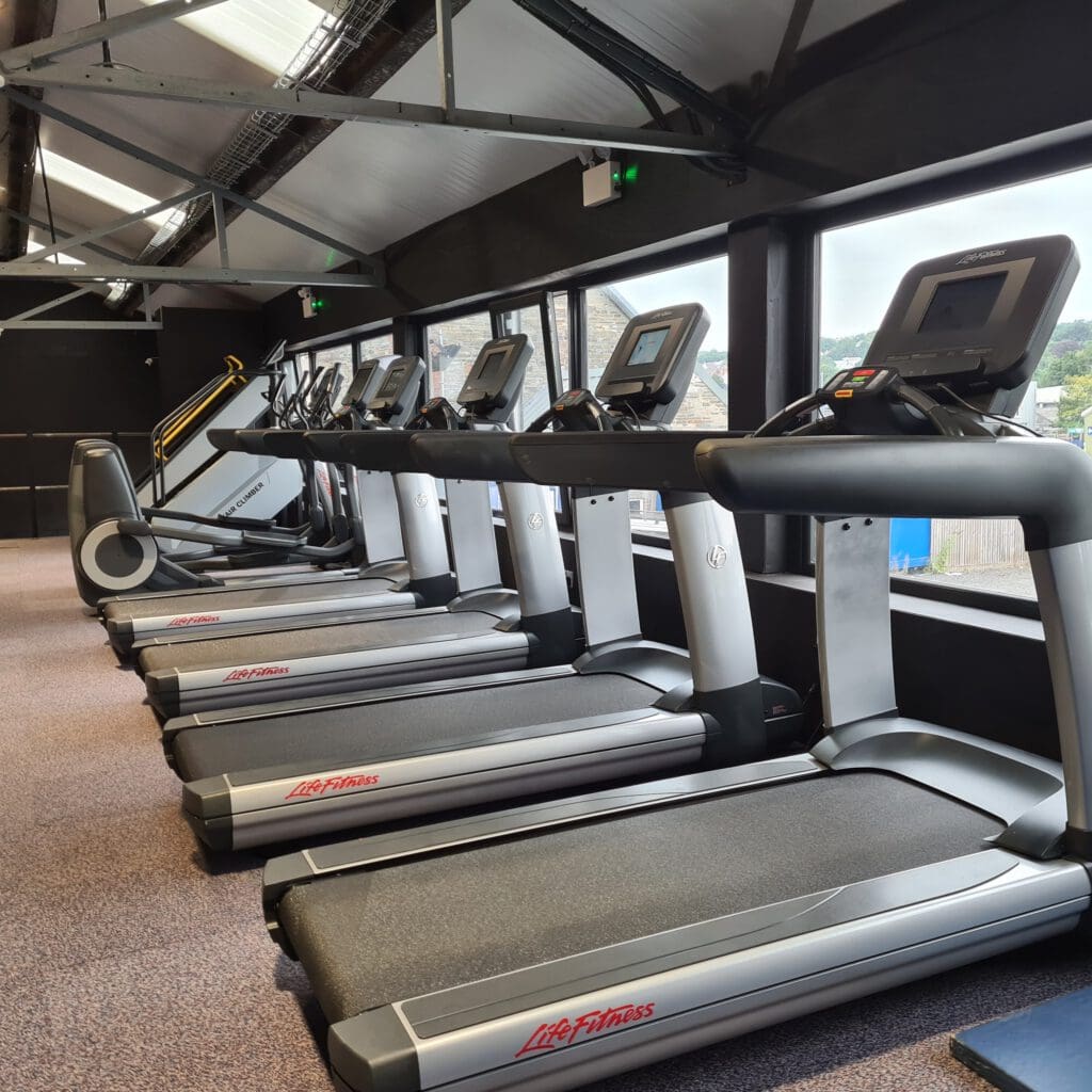 Row of treadmills in a brightly lit gym with large windows on the right. The treadmills have digital screens, and there is an additional exercise machine visible in the background. Carpeted flooring and a high ceiling are also visible.