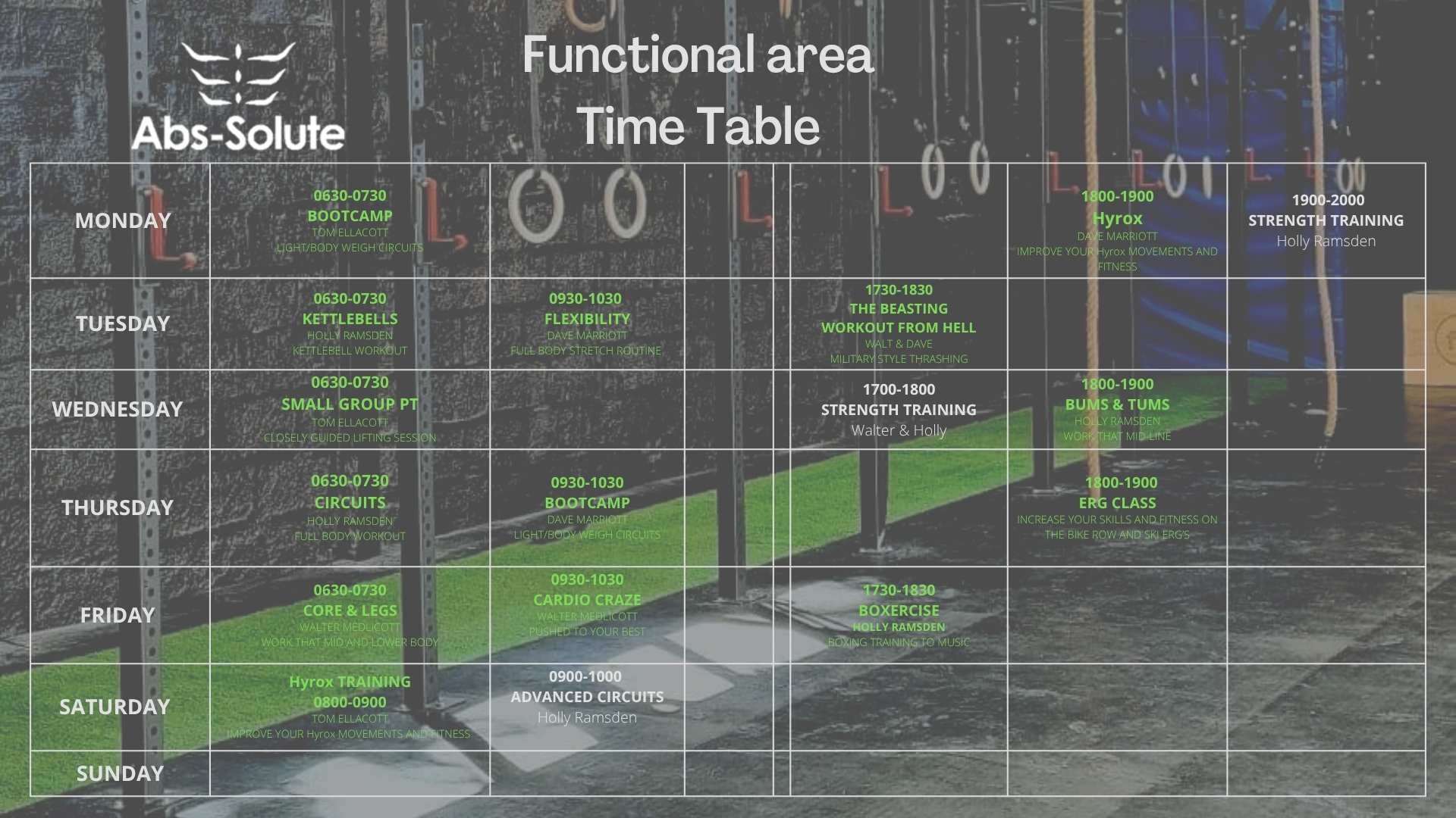 Functional area timetable for Abs-Solute gym. Weekly schedule lists classes like Bootcamp, Kettlebells, Circuits, Strength Training, Flexibility, and Hyrox at various times from Monday to Sunday, overlaid on a gym background.