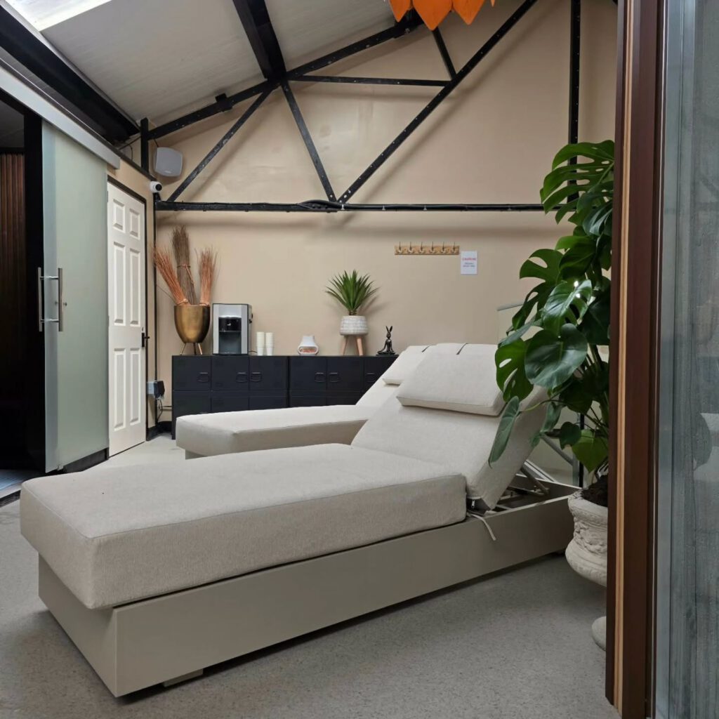 A modern lounge chair sits in a bright room with a potted plant, black cabinets, and decor items on top. Exposed ceiling beams and a door are visible in the background.