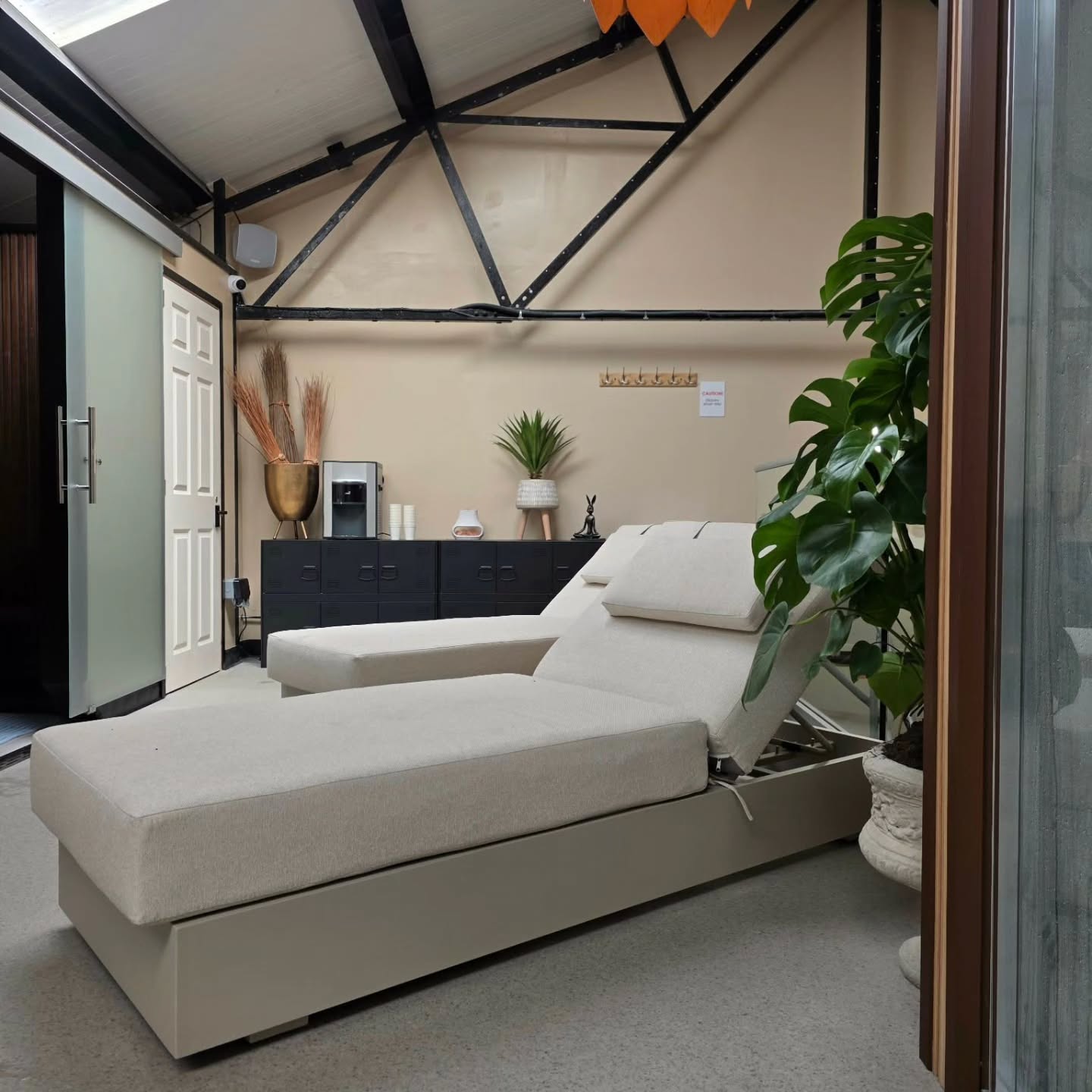 A modern lounge chair sits in a bright room with a potted plant, black cabinets, and decor items on top. Exposed ceiling beams and a door are visible in the background.