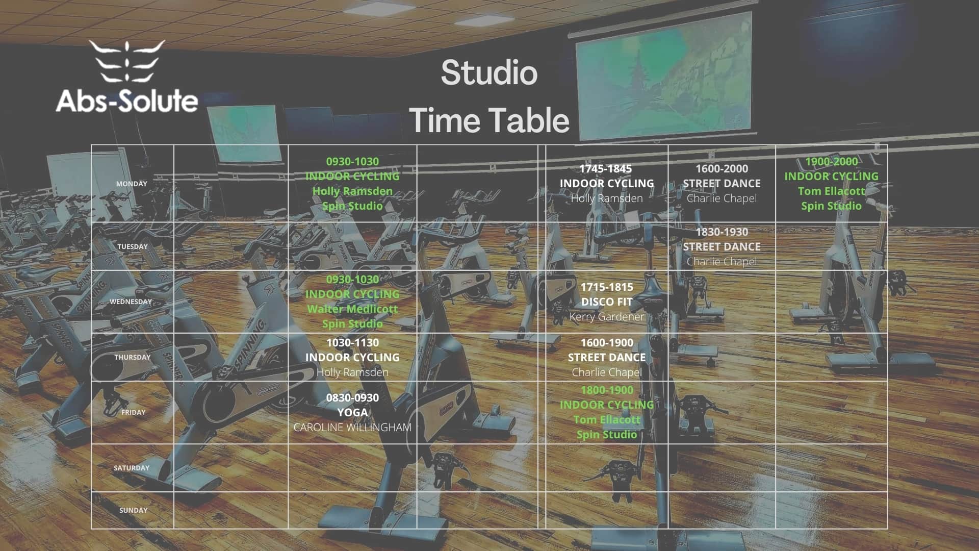 A studio timetable for Abs-Solute gym is overlaid on an image of a spin studio with bikes. The schedule lists various classes like indoor cycling, street dance, and yoga, along with instructors and times.